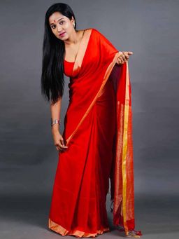 Odette - Women Red Solid Woven Cotton Saree with Unstitched Blouse