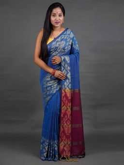 Odette - Women Blue Woven Cotton Saree with Unstitched Blouse