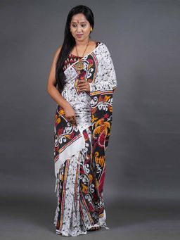 Odette - Women Black and White Printed Cotton Saree with Unstitched Blouse