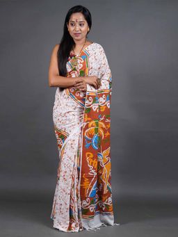Odette - Women Brown and White Printed Cotton Saree with Unstitched Blouse