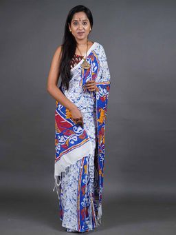 Odette - Women Blue and White Printed Cotton Saree with Unstitched Blouse