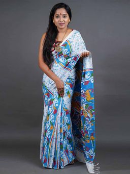 Odette - Women Sky Blue and White Printed Cotton Saree with Unstitched Blouse