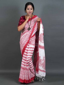 Odette - Women Red and White Printed Cotton Saree with Unstitched Blouse
