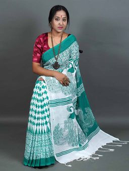 Odette - Women Green and White Printed Cotton Saree with Unstitched Blouse
