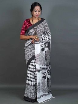 Odette - Women Black and White Printed Cotton Saree with Unstitched Blouse