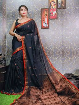 Odette - Women Black Woven Cotton Saree with Unstitched Blouse