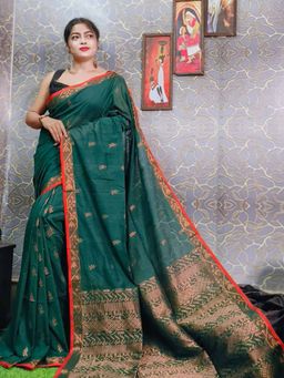Odette - Women Green Woven Cotton Saree with Unstitched Blouse