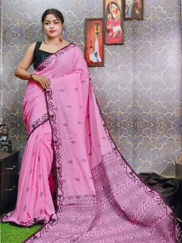 Odette - Women Pink Woven Cotton Saree with Unstitched Blouse