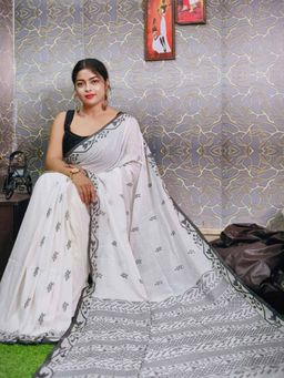 Odette - Women White Woven Cotton Saree with Unstitched Blouse