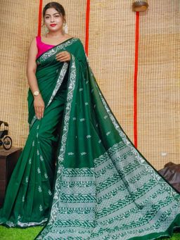 Odette - Women Dark Green Woven Cotton Saree with Unstitched Blouse