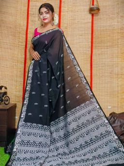 Odette - Women Black Woven Cotton Saree with Unstitched Blouse