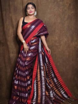 Odette - Women Stripes Purple Printed Cotton Saree with Unstitched Blouse