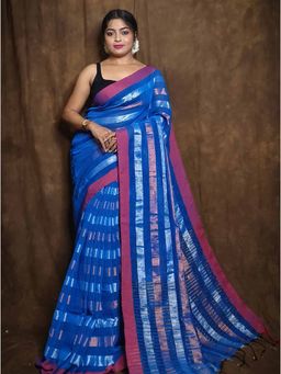 Odette - Women Stripes Blue Printed Cotton Saree with Unstitched Blouse