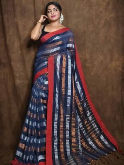 Odette - Women Stripes Navy Blue Printed Cotton Saree with Unstitched Blouse