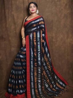 Odette - Women Stripes Black Printed Cotton Saree with Unstitched Blouse