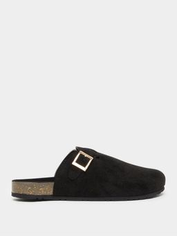 Styli - Men Black Buckle-Strap Suede Mules