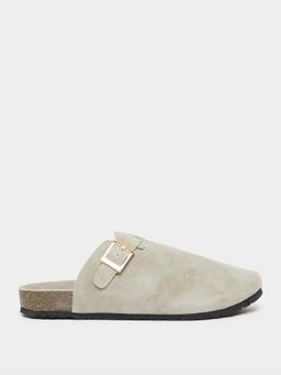 Styli - Men Beige Buckle-Strap Suede mules