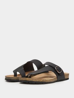 Styli - Men Black Single Strap Faux Leather Buckle Sandals