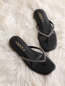 GNIST - Women Embellished Thong Black Slip on Flats