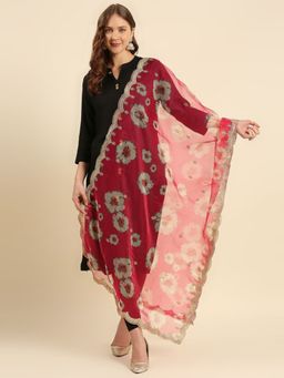 Dupatta Bazaar - Womens Printed Red Organza Dupatta with Embellished Border
