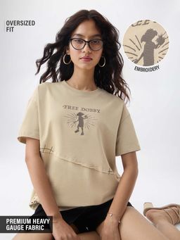 The Souled Store - Official Harry Potter: Free Dobby Women Oversized T-Shirt - Beige