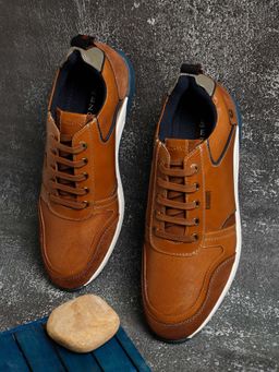 EZOK - Men Tan Lace Up Solid Leather Sneakers