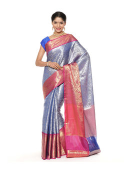 Banarasi Silk Works - Blue Kanchi Silk Brocade Magenta Border Saree with Unstitched Blouse