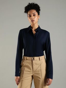 Tommy Hilfiger - Navy Blue Solid Relaxed Fit Viscose Shirt