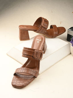 Styli - Women Buckle Strap Detail Brown Block Heels