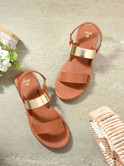 Styli - Women Golden Buckle Detail Tan Comfort Sandals
