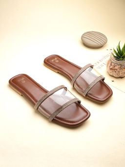 Styli - Women Transparent Strap Rhinestone Detail Flats Brown