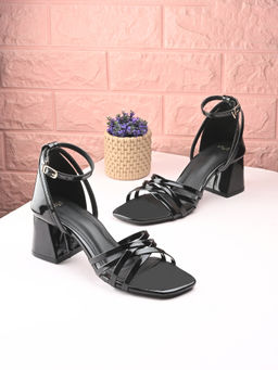 Styli - Women Criss Cross Strap Detail Block Heels Black