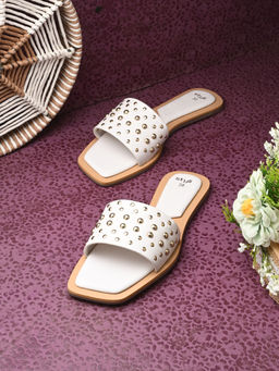 Styli - Women Stud Embellished Strap Detail Flats White