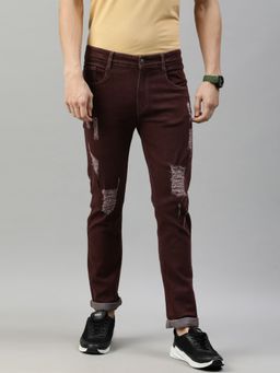 Urbano Fashion - Men Brown Slim Fit Heavy Distressed-Torn Jeans
