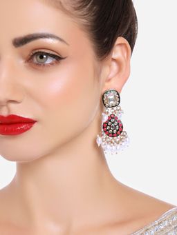 Zaveri Pearls - Rani Pink and Green Enamel Kundan-Beads Dangle Earrings-ZPFK16759