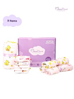 Moms Home - Baby Supersoft Organic Cotton Muslin Gift Hamper Multi-Color (Set of 9) (0-12 Months)