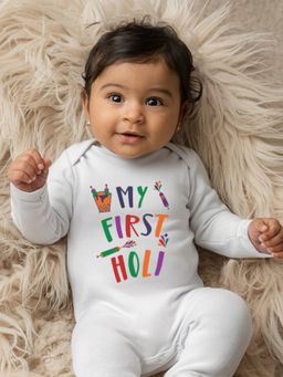 Zeezeezoo - Cotton Full Sleeves My First Holi Printed Baby Romper - White