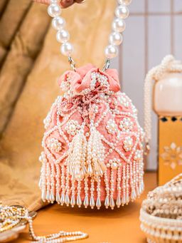 NR by Nidhi Rathi - Peach Velvet Potli Bag with Pearl Embroidery