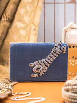 NR by Nidhi Rathi - Grey Velvet Clutch with Tiger Motif Ad Brooch