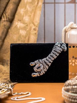 NR by Nidhi Rathi - Black Velvet Clutch with Tiger Motif Ad Brooch