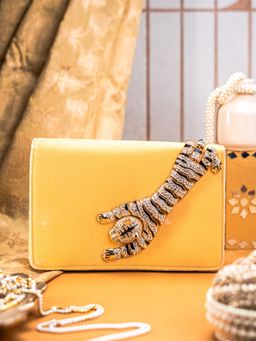NR by Nidhi Rathi - Golden Velvet Clutch with Tiger Motif Ad Brooch