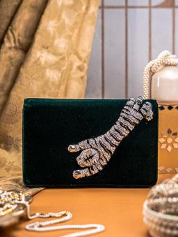 NR by Nidhi Rathi - Bottle Green Velvet Clutch with Tiger Motif Ad Brooch