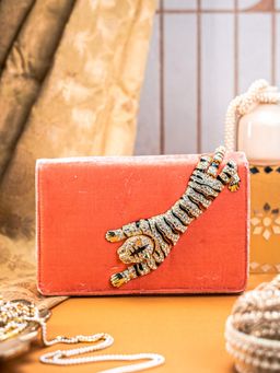 NR by Nidhi Rathi - Peach Velvet Clutch with Tiger Motif Ad Brooch
