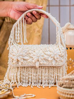 NR by Nidhi Rathi - White Floral Patch Embellished Shimmer Flap Bag Clutch