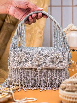 NR by Nidhi Rathi - Silver Floral Patch Embellished Shimmer Flap Bag Clutch