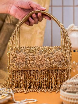 NR by Nidhi Rathi - Antique Gold Floral Patch Embellished Shimmer Flap Clutch