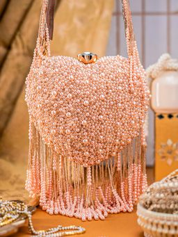 NR by Nidhi Rathi - Peach All-Over Pearl Heart-Shaped Bag Clutch