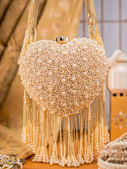 NR by Nidhi Rathi - Gold All-Over Pearl Heart-Shaped Bag Clutch