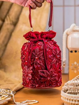 NR by Nidhi Rathi - Maroon Satin Potli Clutch with Floral Detailing