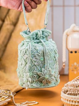 NR by Nidhi Rathi - Light Green Satin Potli Clutch with Floral Detailing